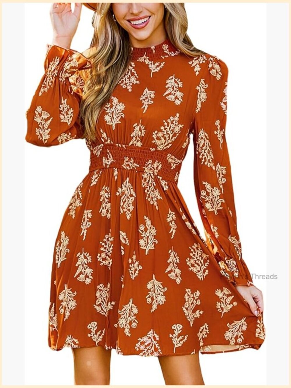 Mock Neck Floral Mini Dress Long Ruffle Sleeve Elastic Waist Smocked